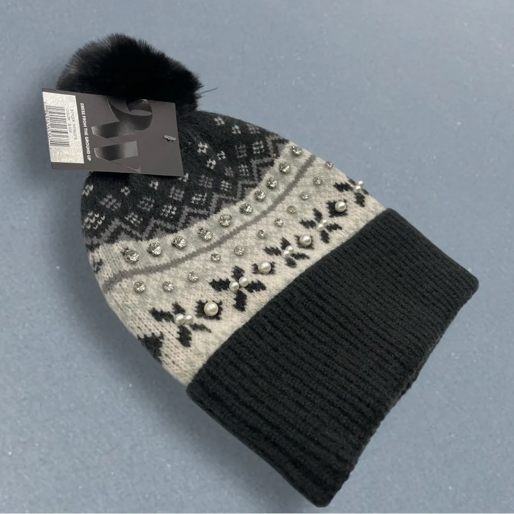 Nine West Fair Isle Faux Fur Trim Beanie Grey with Jewels RHINESTONES Knit Hat